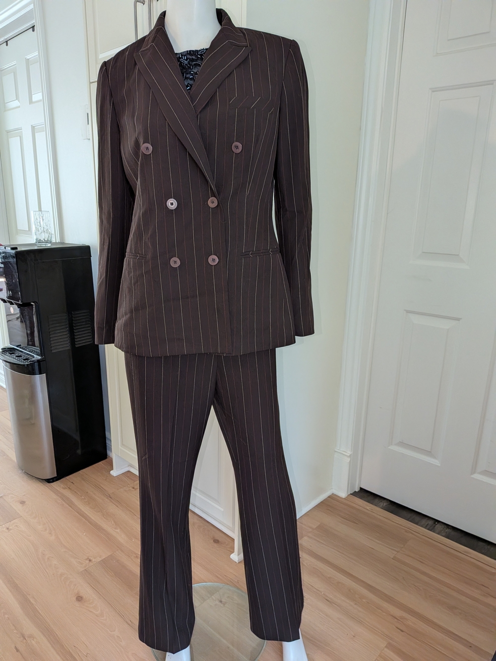 Women's Double-Breasted Pinstripe Suit Set - Brown
